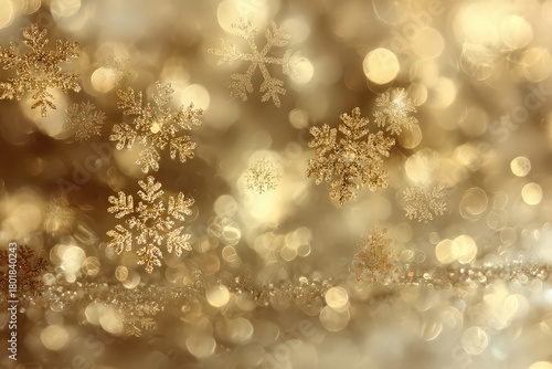 Sparkling gold bokeh with snowflakes creates a magical atmosphere for Christmas and New Year's festivities under twinkling lights