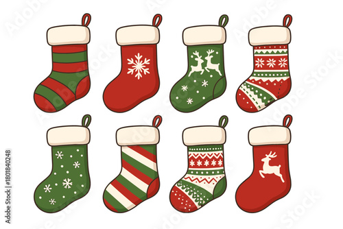 Christmas stocking icon set. Christmas stocking vector set. Holiday Christmas stocking collection with festive ornaments. Design for card, banner, sticker, invitation, poster.