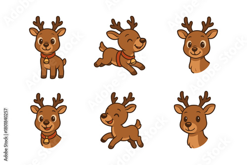 Reindeer icon set. Reindeer vector set. Collection of cartoon Christmas reindeer with bells and red noses. Design for card, sticker, banner, invitation, poster.
