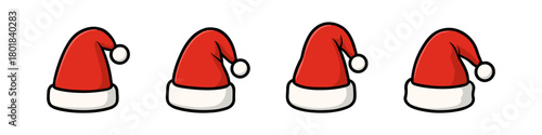 Santa hat icon set. Santa hat vector set. Collection of classic red Santa hats with white trim. Design for card, sticker, invitation, poster, banner.
