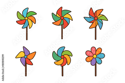 Pinwheel icon set. Pinwheel vector set. Collection of multicolored pinwheel toys with different petal shapes. Design for card, invitation, banner, sticker, print.