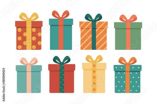 Gift box icon set. Gift box vector set. Wrapped Christmas gift box collection with bows and holiday patterns. Design for card, banner, invitation, poster, sticker.