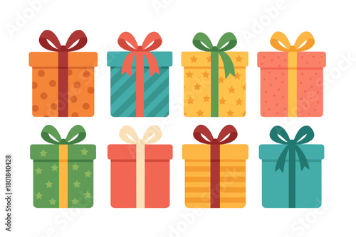 Gift box icon set. Gift box vector set. Wrapped Christmas gift box collection with bows and holiday patterns. Design for card, banner, invitation, poster, sticker.