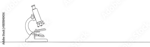 Continuous one line drawing of a scientific microscope. Concept of scientific research, biology, and chemistry