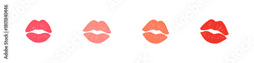 Lip print icon set. Lip print vector set. Collection of lipstick lip prints in red, pink and coral colors. Design for card, sticker, poster, banner, invitation.