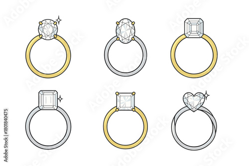 Engagement ring icon set. Engagement ring vector set. Diamond engagement ring collection in gold and silver. Design for card, sticker, invitation, poster, banner.