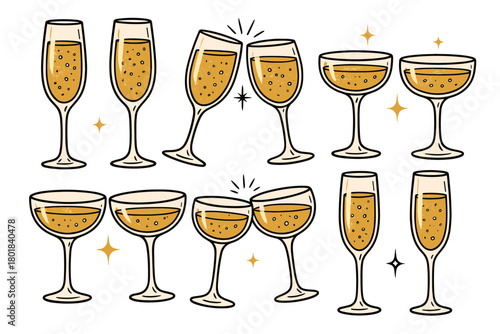 Champagne glass icon set. Champagne glass vector set. Sparkling wine and champagne glass collection with bubbles. Design for card, poster, invitation, banner, sticker.