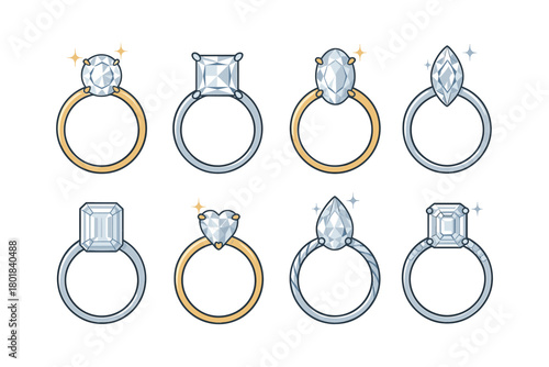 Engagement ring icon set. Engagement ring vector set. Diamond engagement ring collection in gold and silver. Design for card, sticker, invitation, poster, banner.