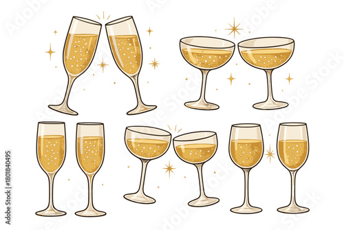 Champagne glass icon set. Champagne glass vector set. Sparkling wine and champagne glass collection with bubbles. Design for card, poster, invitation, banner, sticker.
