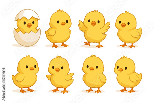 Easter chick icon set. Easter chick vector set. Cute cartoon yellow chicks in different poses and one in an eggshell. Design for greeting card, sticker, poster, invitation. Easter celebration.