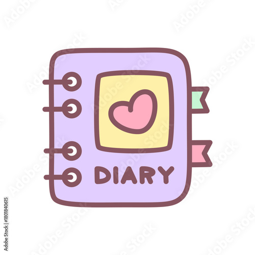 Cute diary notebook icon. Cute pastel diary with heart label and bookmarks in girly style. Kawaii sticker. Vector 10 EPS.