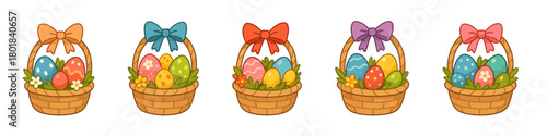 Easter basket icon set. Easter basket vector set. Collection of wicker baskets with colorful eggs, flowers and bows. Design for card, invitation, sticker, banner, poster. Easter celebration.