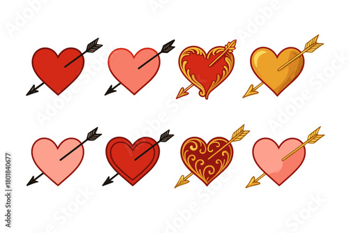 Heart arrow icon set. Heart arrow vector set. Collection of stylized hearts pierced with arrows in red, pink and gold. Design for card, invitation, banner, sticker. Valentine day.