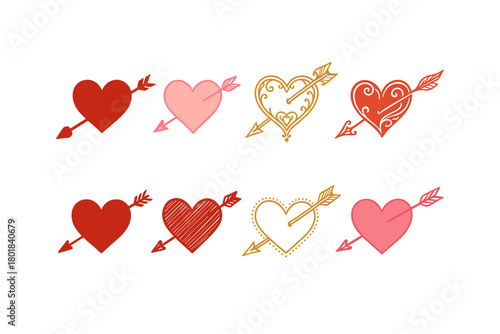 Heart arrow icon set. Heart arrow vector set. Collection of stylized hearts pierced with arrows in red, pink and gold. Design for card, invitation, banner, sticker. Valentine day.