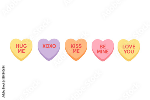 Candy heart icon set. Candy heart vector set. Colorful heart-shaped candies with short love phrases. Design for sticker, invitation, greeting card, poster, banner. Valentine day.