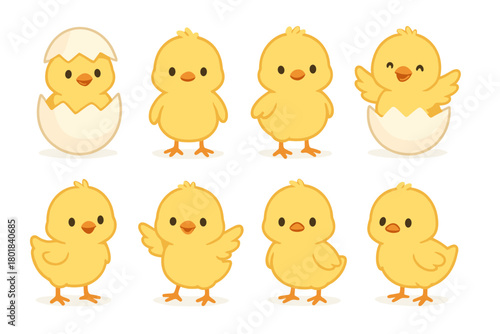 Easter chick icon set. Easter chick vector set. Cute cartoon yellow chicks in different poses and one in an eggshell. Design for greeting card, sticker, poster, invitation. Easter celebration.