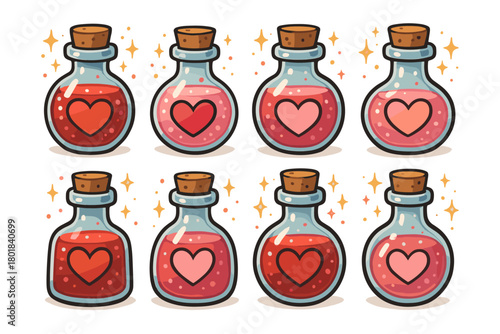 Love potion icon set. Love potion vector set. Glass bottle with heart-shaped label and red liquid. Design for card, sticker, poster, banner, invitation. Valentine day.