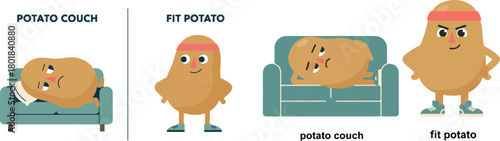 Potato Before and After Couch to Fit Two-Panel Cartoon Illustration