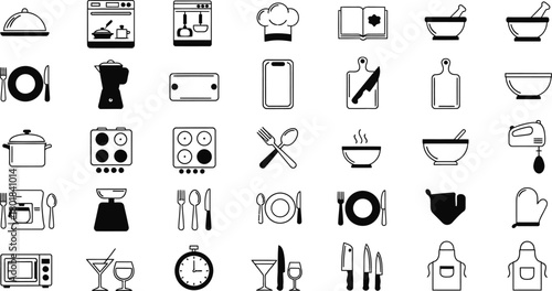 Collection of hand drawn kitchen and cooking icons representing food preparation and dining