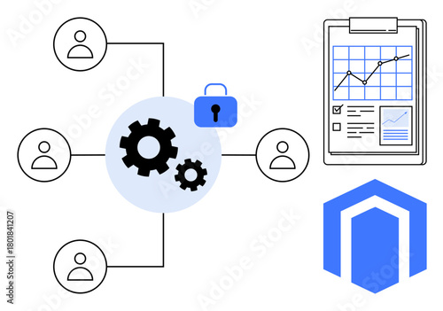 Gears, user icons, and lock illustrate secure workflows. Graph on clipboard and shield reflect data protection, team collaboration, productivity, and analytics. Ideal for cybersecurity, teamwork