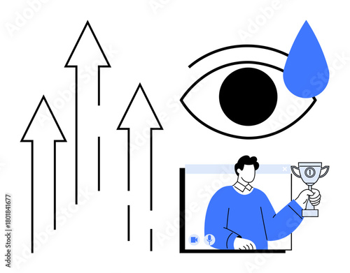 Eye with tear symbolizing emotion, upward arrows representing growth, and person holding a trophy on screen emphasizing recognition. Ideal for success, emotion, motivation, progress, awards