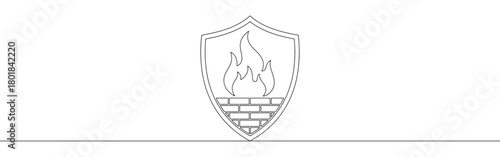 Continuous one line drawing of a firewall shield icon with flames and bricks. Concept of network security