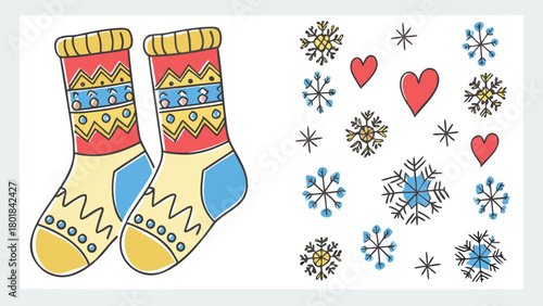 Cozy winter scene featuring warm wool socks with a festive happy holiday theme perfect for seasonal decorations and designs