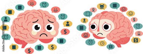 Overthinking Brain With Multiple Thought Bubbles Cartoon Flat Vector Illustration
