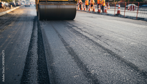 Road construction crew uses heavy machinery to flatten new asphalt, creating a smooth, durable surface for improved infrastructure and safer transportation