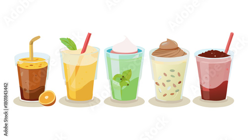 Various cold drinks and desserts set. Collections of coffee, bubble tea, matcha latte, ice cream and other types of beverages in plastic cup, paper mug, glass. Vector illustration.