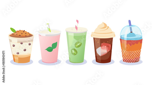 Various cold drinks and desserts set. Collections of coffee, bubble tea, matcha latte, ice cream and other types of beverages in plastic cup, paper mug, glass. Vector illustration.