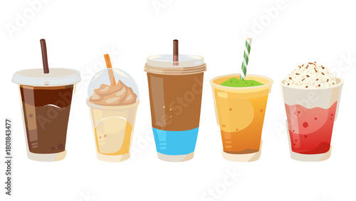 Various cold drinks and desserts set. Collections of coffee, bubble tea, matcha latte, ice cream and other types of beverages in plastic cup, paper mug, glass. Vector illustration.