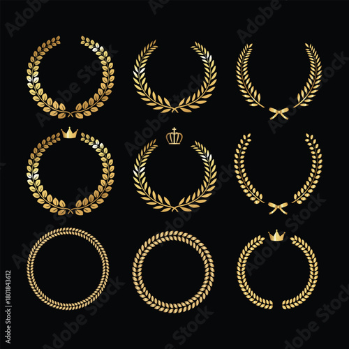 Golden Laurel Wreath Icon Set on Black. Premium Gold Award Wreaths for Design. Ornamental Golden Wreaths. Decorative Golden Wreaths for Ceremonial Graphics. Stylized Gold Laurel Icons for Branding.