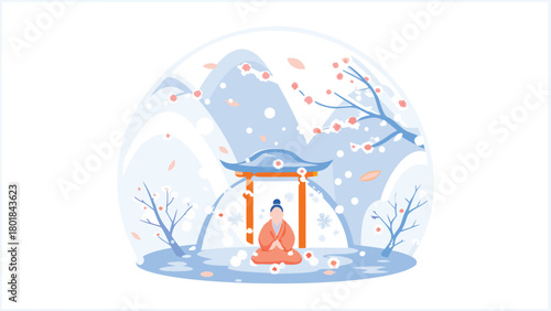 Serene samurai meditating under a shower of delicate pink cherry blossoms evoking peace and traditional japanese aesthetics in a vector illustration