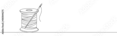 Continuous one line drawing of a spool of thread with a needle. Concept of sewing, tailoring, and crafting