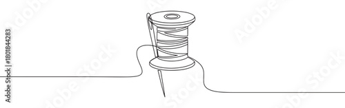 Continuous one line drawing of a spool of thread with a needle. Concept of sewing, tailoring, and crafting
