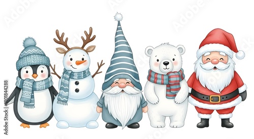 Watercolor christmas characters santa claus, bear, gnome, snowman and penguin