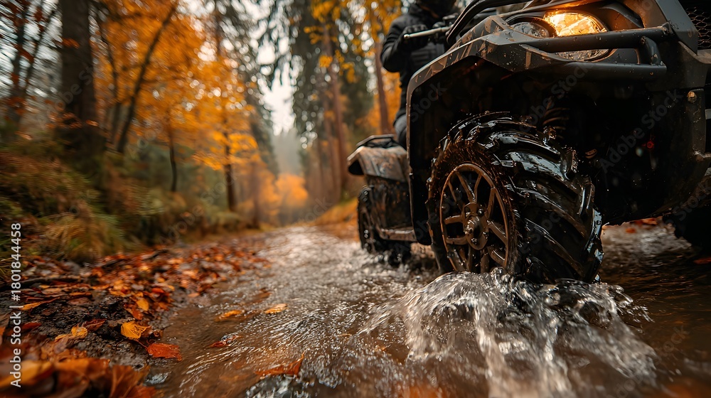 Fototapeta premium ATV splashes through a muddy trail in a vibrant autumn forest. Close-up on the rear tire kicking up mud and water in this dynamic action shot.