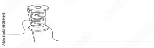 Continuous one line drawing of a spool of thread with a needle. Concept of sewing, tailoring, and crafting