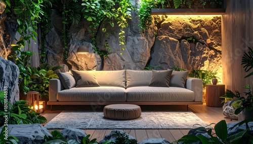 Contemporary biophilic sofa arrangement framed by stone surfaces, cascading planters, and warm ambient light offering a grounded natural sanctuary feel.