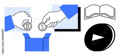 Hands placing coins with different currencies into a box, open book symbolizing knowledge, and play button for digital media. Ideal for donation, crowdfunding, education, digital learning, sharing