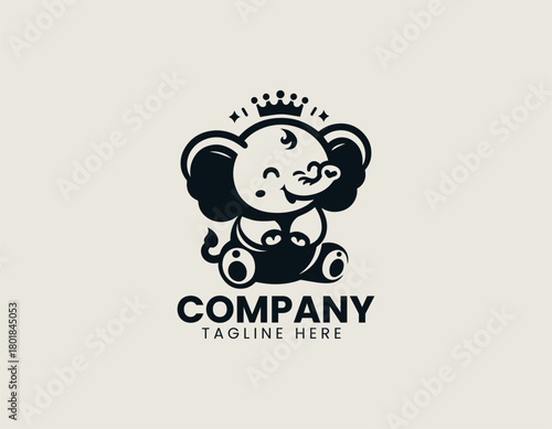 Happy baby king elephant smiles proudly creating charming black vector logo