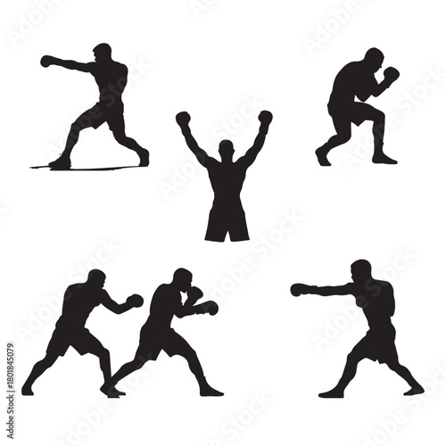 Collection of dynamic boxing silhouettes depicting various fighting stances and a victory pose isolated on white background