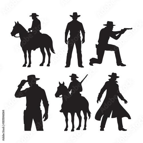 Collection of six distinct cowboy silhouettes in various action poses isolated on white background