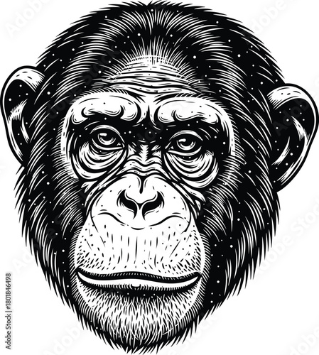 Detailed chimpanzee face illustration in black and white vintage style eps silhouette
