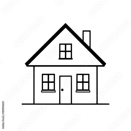 A flat vector house design with strong black outlines, balanced geometry, a steep roof, central doorway, and square windows, all rendered in a minimalist style with clean lines, right angles, and a li