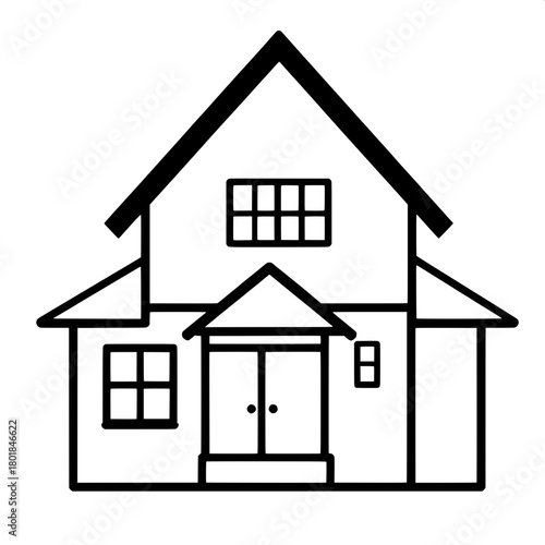 A flat vector house design with strong black outlines, balanced geometry, a steep roof, central doorway, and square windows, all rendered in a minimalist style with clean lines, right angles, and a li