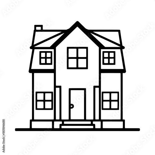 A flat vector house design with strong black outlines, balanced geometry, a steep roof, central doorway, and square windows, all rendered in a minimalist style with clean lines, right angles, and a li