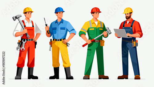 A collection of professional figures such as engineers, maintenance technicians and repairmen, with cartoon hand-drawn vector illustrations