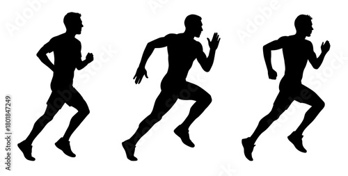 Running man silhouettes. Vector set. Male runners figure shapes. Bare and naked slim healthy people work out